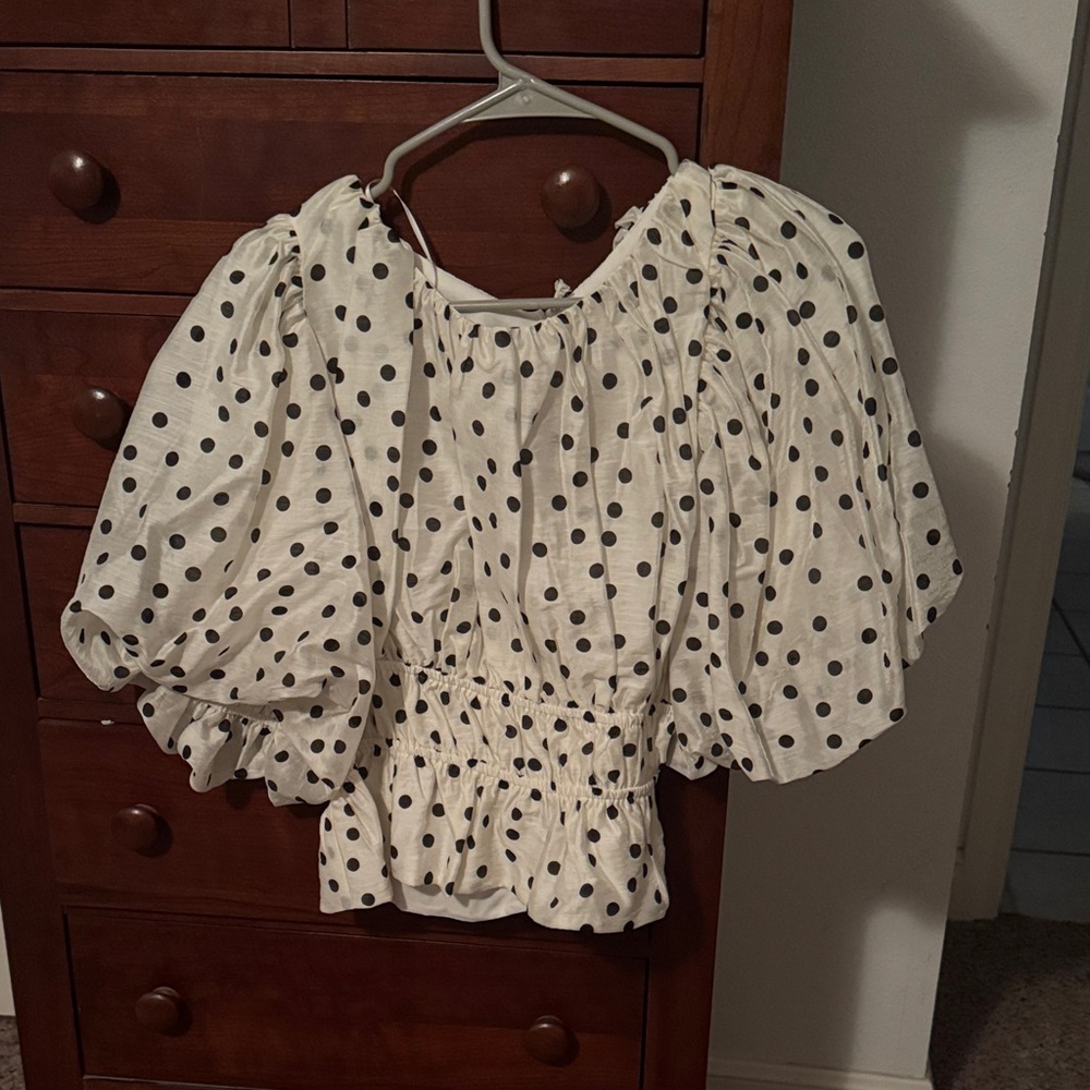 White Polka Dot Puff-Sleeve Peplum Blouse
